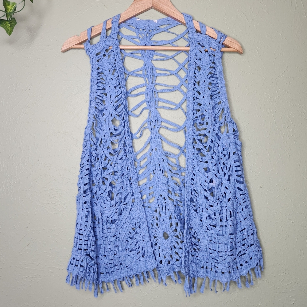 Vintage Open Knit Boho Vest in Periwinkle Blue Festival Hippie Crochet Artisan